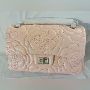 Quilted Floral-embossed Shoulder Bag in Blush Pink lambskin leather